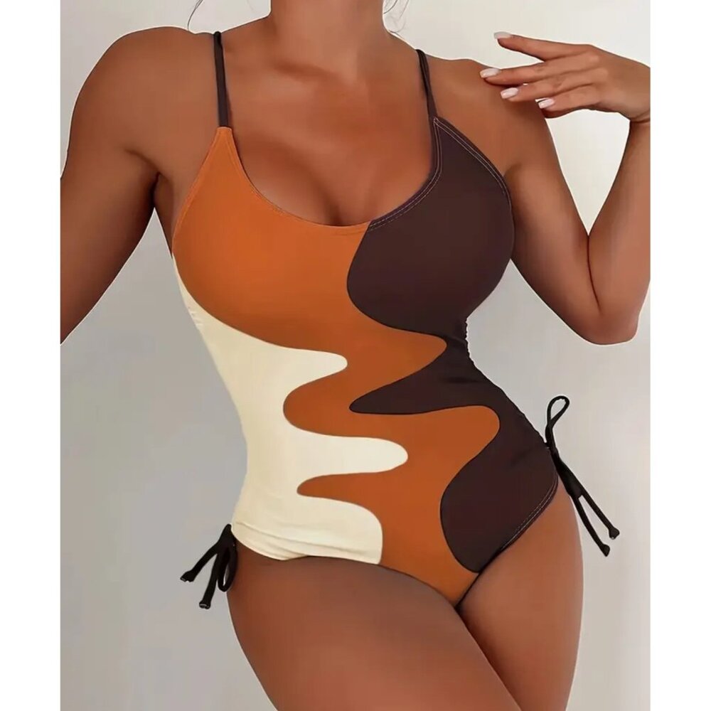 New Abstract Wave Print One-Piece Swimsuit With Adjustable Straps & Side Ties Fo